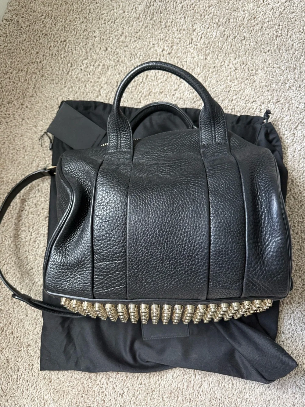 Alexander Wang Black Pebbled Leather Satchel with Gold Studded Base
